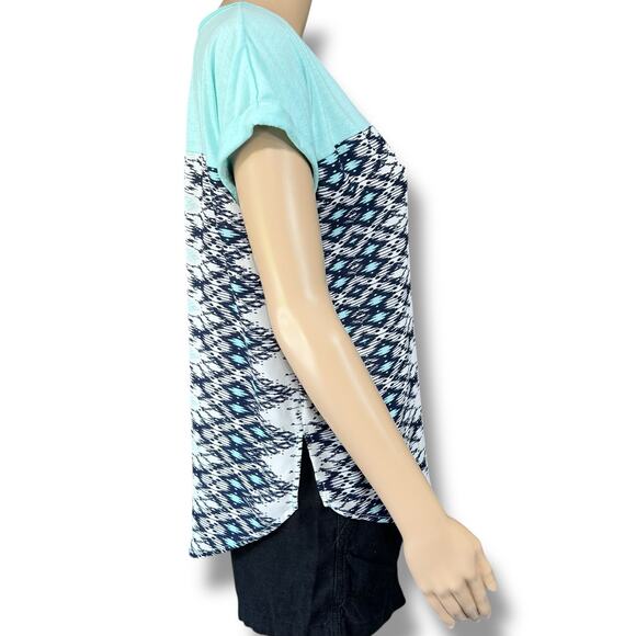 Jolt Womens Blouse Shirt Top Geo Print Pullover Short Sleeve Blue Teal Large - Picture 2 of 9